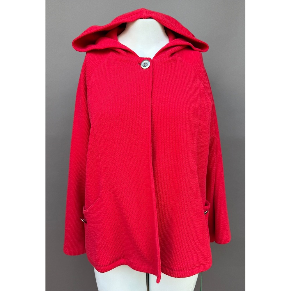 Coldwater Creek Red Textured Knit Hooded Jacket Cardigan L Single Button Pockets